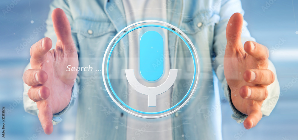 Poster businessman holding a vocal search system with button and icon3d rendering