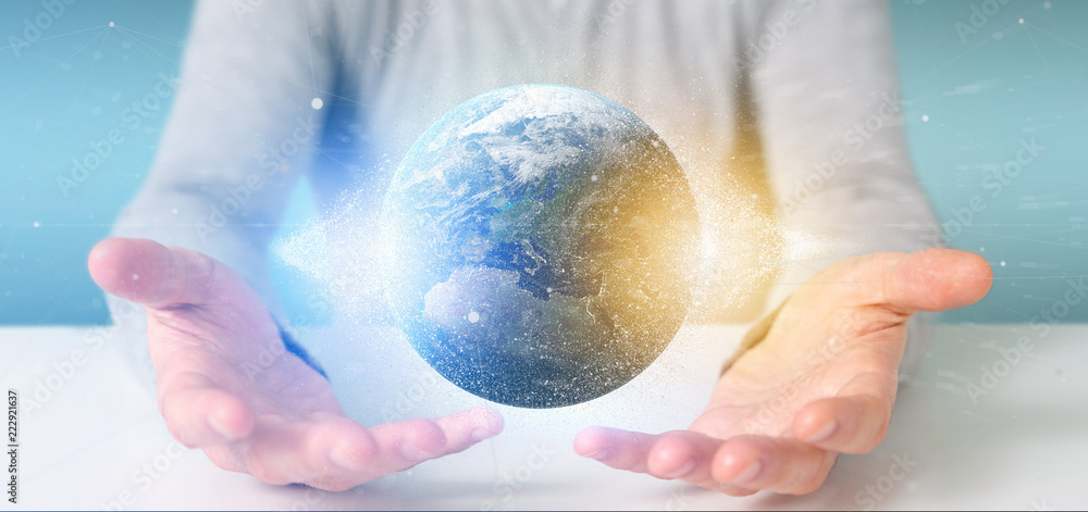 Poster man holding a 3d rendering particles earth globe