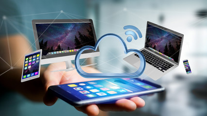 Devices like smartphone, tablet or computer flying over connected cloud - 3d render