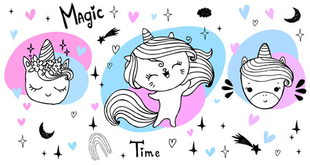 Hand drawn vector unicorn collection with lettering.