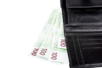 Black leather wallet with euro banknotes , isolated on white background