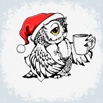 Owl Santa Claus hand drawn Christmas poster