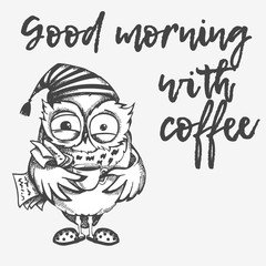 Hand drawn owl with cup of coffee.