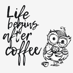 Hand drawn owl with cup of coffee.