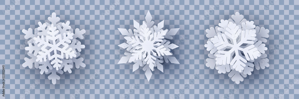 Wall mural vector set of 3 white christmas paper cut 3d layered snowflakes with shadow on transparency backgrou