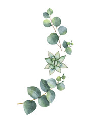 Watercolor vector wreath with eucalyptus leaves and succulents.