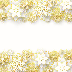 Vector Merry Christmas and Happy New Year greeting card design with white and gold layered paper cut snowflakes on white background. Seasonal Christmas and New Year holidays luxury paper template