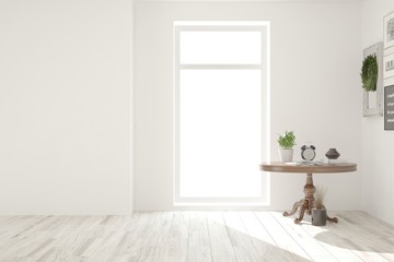 White empty room with table. Scandinavian interior design. 3D illustration