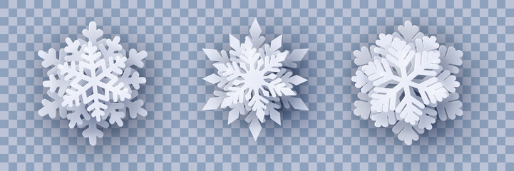 Vector set of 3 white Christmas paper cut 3d layered snowflakes with shadow on transparency background. New year and Christmas design elements