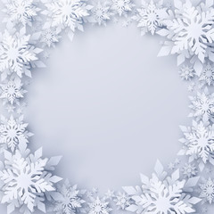 Vector Merry Christmas and Happy New Year greeting card design with white realistic 3d layered paper cut snowflakes. Seasonal Christmas and New Year holidays paper art template background