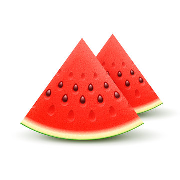 Watermelon Sliced Fruit Juicy Pieces Of Cut Isolated On White Background. Vector Realistic Wedge Of Fresh Ripe Sweet Watermelons Fruit. 3d Realistic Icon