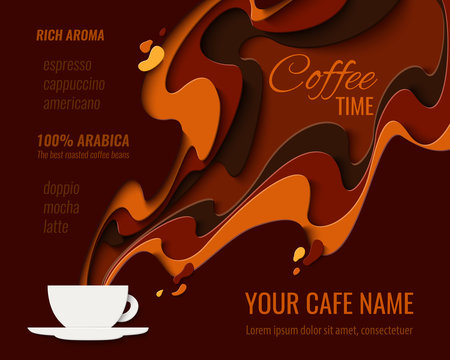 Coffee menu design - paper cut style poster for coffee shop, cafe or restaurant. Vector paper craft vintage coffee aroma background, banner, advertisement flyer