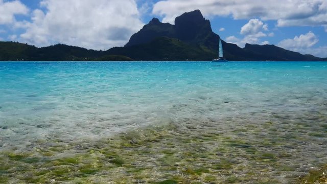 Blue lagoon and Otemanu mountain at Bora Bora island, Tahiti, French Polynesia
