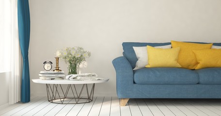 Mock up of white minimalist room with sofa. Scandinavian interior design. 3D illustration