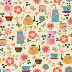 seamless pattern with teapots, cups, butterflies and flowers