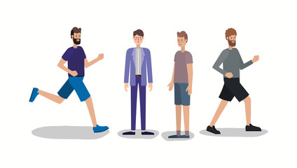 group of men walking and running characters