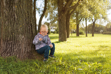 A child dressed in red glasses sits on the grass under a tree