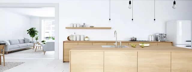 Fotobehang frontal view of modern nordic kitchen in loft apartment. 3D rendering © 2mmedia