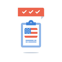 American English language, education program, fast training course, pass exam, test preparation, USA flag, linguistic class