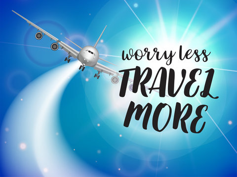 Travel flyer wuth realisitc plane and designed text. Badge. advertising design template