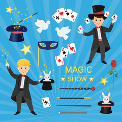 Collection of magician attributes.Isolated on blue background. Cartoon style. Vector illustration