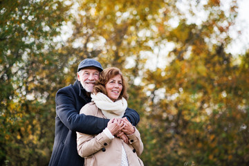Naklejka na ściany i meble Senior couple standing in an autumn nature, hugging.