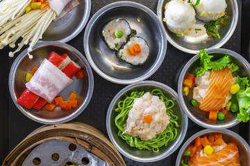 Various Dim Sum on the Table, Steamed Traditional Chinese Cuisine Food