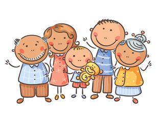 Happy family of five, cartoon graphics, vector illustration
