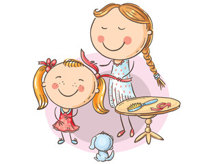 Happy mother combing her daughter's hair, cartoon graphics