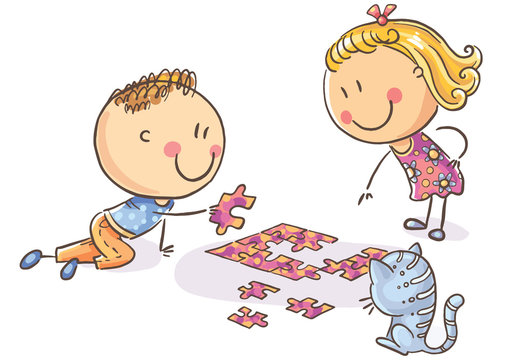 Happy cartoon kids trying to assemble puzzle