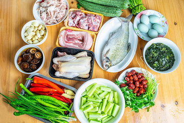 Fresh ingredients for cooking, vegetables and meat