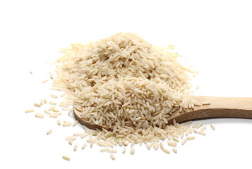 Integral rice pile with wooden spoon isolated on white background
