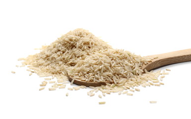 Integral rice pile with wooden spoon isolated on white background