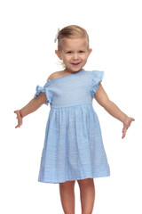 happy little cute girl in blue dress welcomes