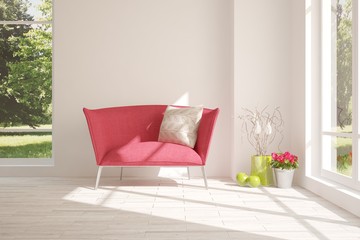 Idea of white room with armchair and summer landscape in window. Scandinavian interior design. 3D illustration