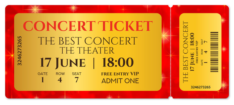 Ticket template, Concert ticket with stars (tear-off ticket mockup) on red starry glitter background. Useful for any festival, party, cinema, event, entertainment show, movie