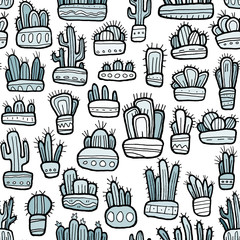 Hand drawn funny flat cactuses in decorative pots seamless pattern.