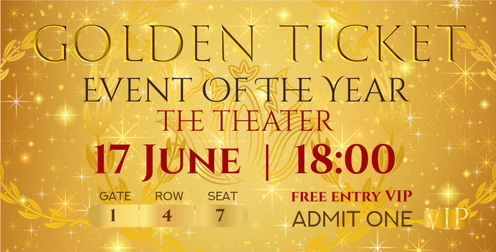 Golden ticket template, Concert ticket (ticket mockup) on gold starry glitter background. Useful for any festival, party, cinema, event, entertainment show