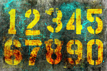 Abstract grunge futuristic background with numbers. Set of grunge numbers. Blueprint on old grungy surface. Grungy yellow font design. Cyber punk urban backdrop