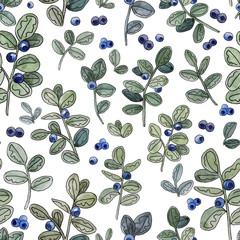 Blueberry. Watercolor botanical illustration. Seamless pattern. Rustic style.