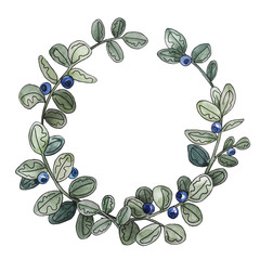 Blueberry natural frame. Watercolor botanical wreath illustration. Seamless pattern. Rustic style.