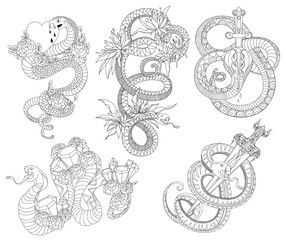 Snakes set. Old school tattoo design. Black and white isolated elements. Vector illustration 