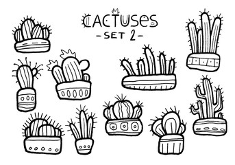 Hand drawn black and white cactuses in funny pots isolated on the white background set.