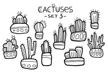 Hand drawn amazing cactuses in cute pots isolated on the white background. Ink drawn set.