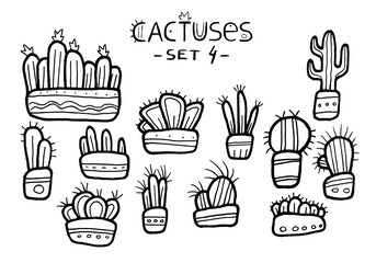 Hand drawn amazing cactuses in cute pots isolated on the white background. Ink drawn set. Children drawing