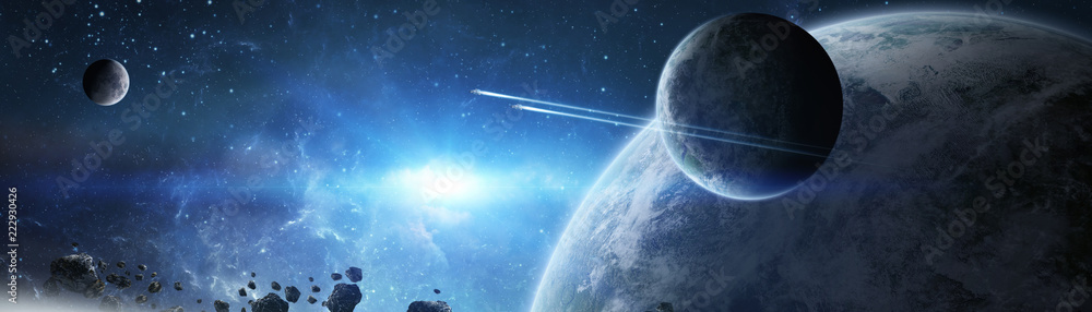 Poster Panoramic view of planets in distant solar system 3D rendering elements of this image furnished by NASA