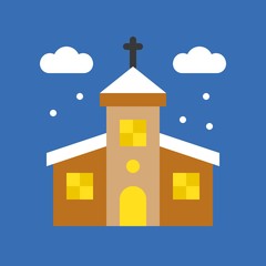 church in winter season and ice on rooftop, Merry Christmas filled icon set