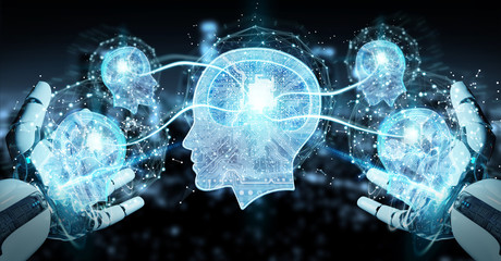 Cyborg creating artificial intelligence 3D rendering