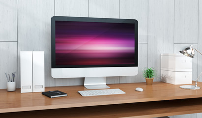 Computer and devices on modern wooden desk interior 3D rendering