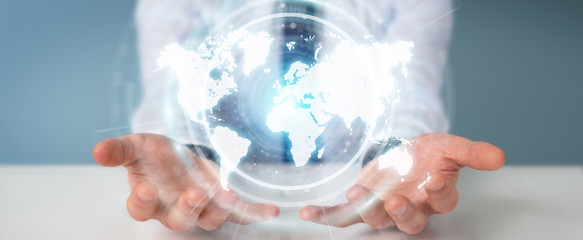 Businessman using digital world map interface 3D rendering